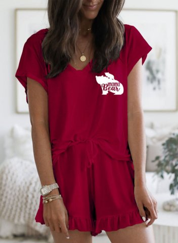 Women' Loungewear Sets Solid Mama Bear Print Short Sleeve V Neck Ruffle Drawstring Casual Basic Sets