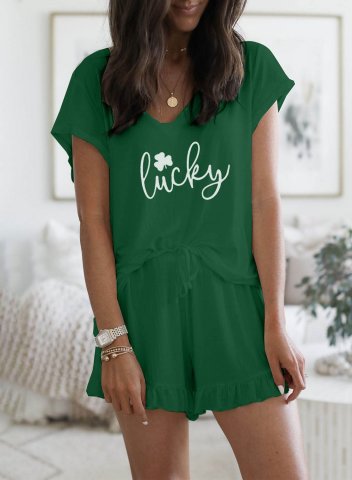 Women's Loungewear Sets Letter Clover-print Short Sleeve Round Neck Daily Two-piece Loungewear Sets