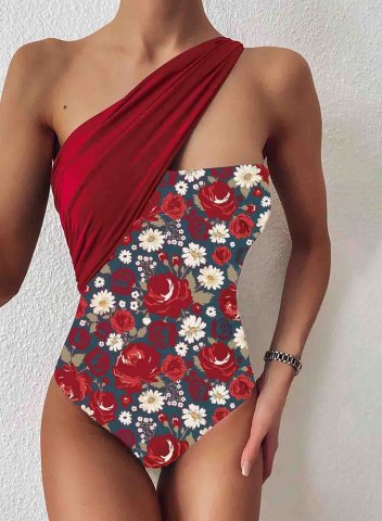 Women's One Piece Swimwear Color Block Floral One-shoulder One-Piece Swimsuit
