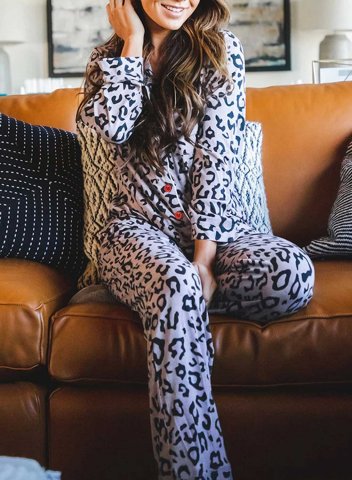 Women's Loungewear Sets Leopard Long Sleeve Turn Down Collar 2-Piece Loungewear Set
