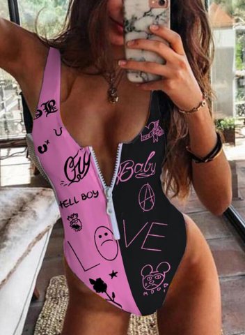 Women's One-Piece Swimsuits One-Piece Bathing Suits Letter Color Block Zip U Neck Sexy Swimsuits