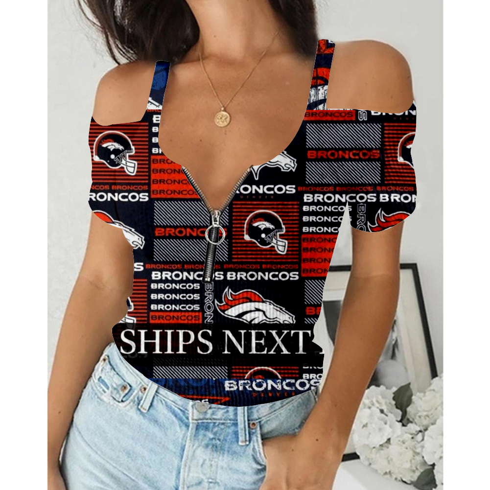 Women's Summer Denver Broncos Team Print Off-Shoulder V-Neck Zipper Slim Sexy T-Shirt
