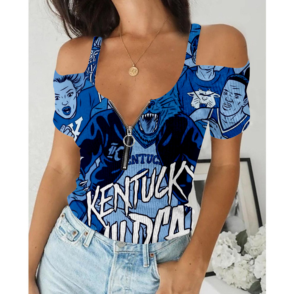 Women's Summer Kentucky Wildcats Team Print Off-Shoulder V-Neck Zipper Slim Sexy T-Shirt