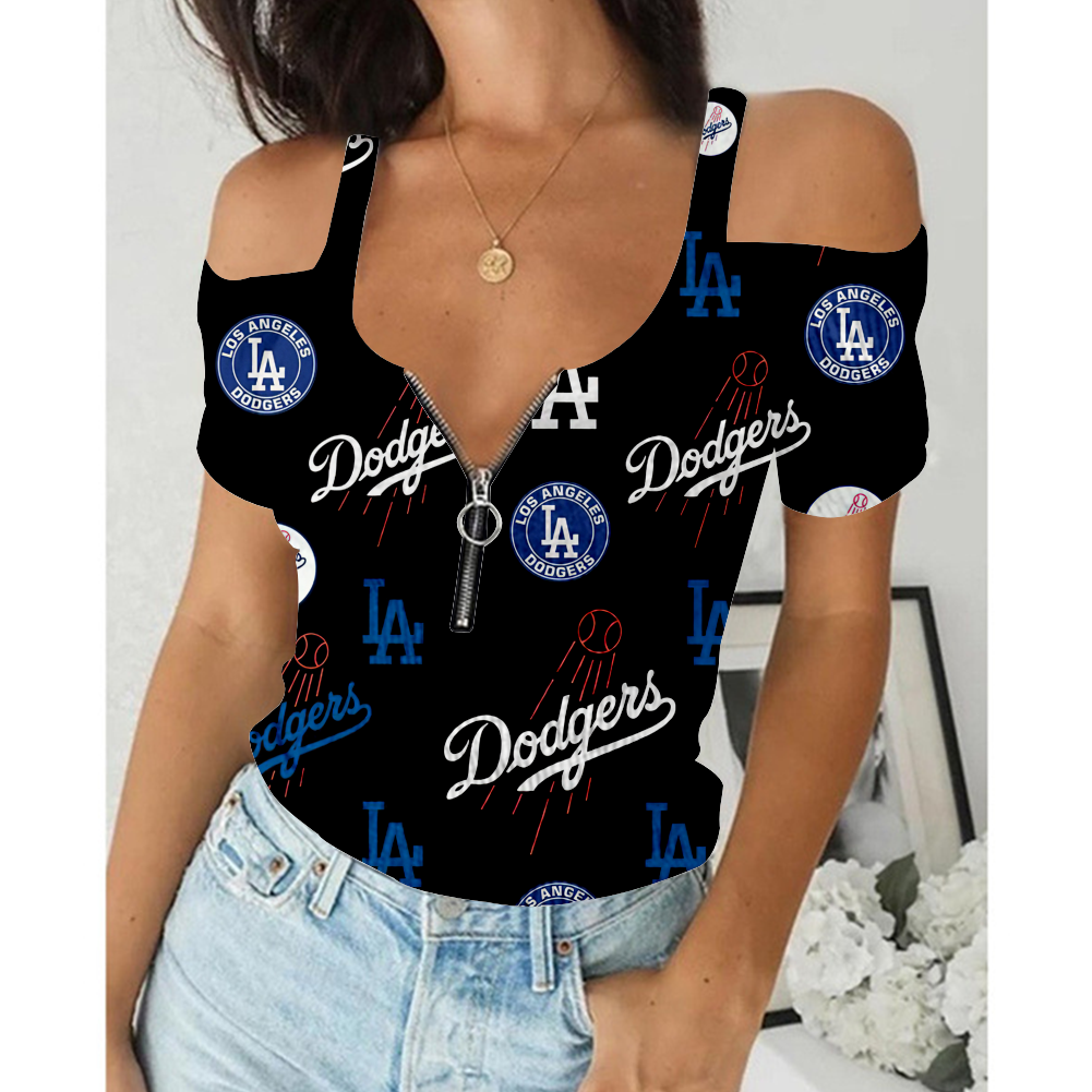Women's Summer Los Angeles Dodgers Team Print Off-Shoulder V-Neck Zipper Slim Sexy T-Shirt