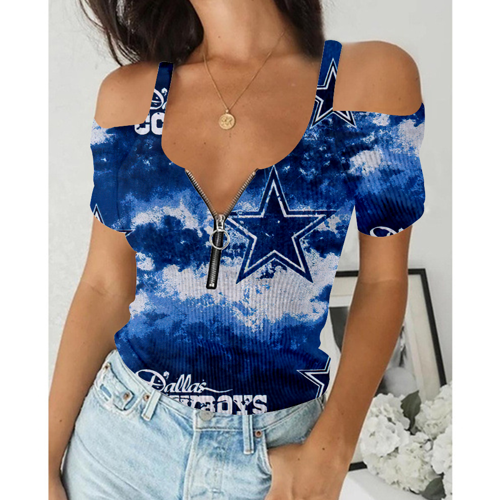 Women's Summer Dallas Cowboys Team Print Off-Shoulder V-Neck Zipper Slim Sexy T-Shirt
