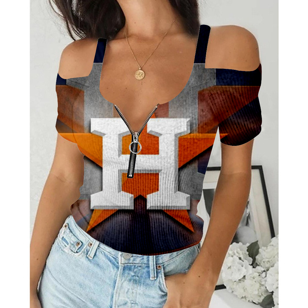 Women's Summer Houston Astros Team Print Off-Shoulder V-Neck Zipper Slim Sexy T-Shirt