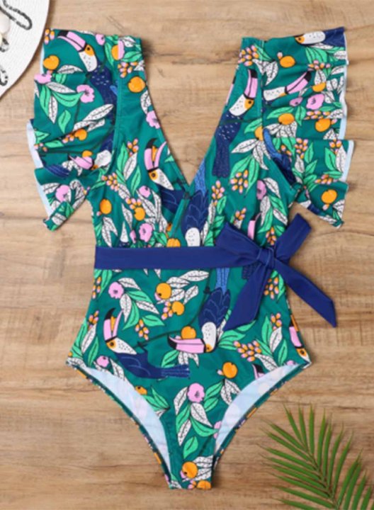 Women's One Piece Swimwear Floral V Neck Short Sleeve Ruffle Knot Casual One-Piece Swimsuits One-Piece Bathing Suits