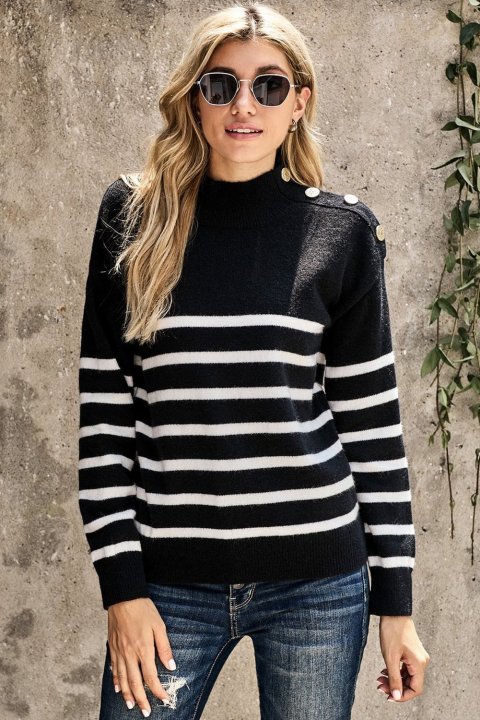 Women's Sweaters Striped Turtleneck Sweaters with Buttons