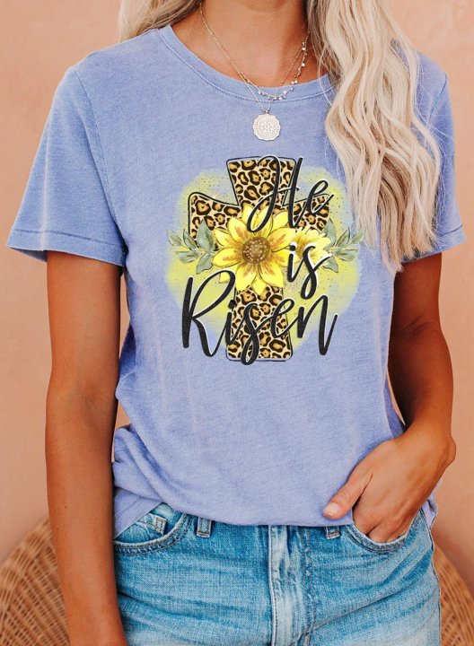 Women's T-shirts Sunflower Letter Print Short Sleeve Round Neck Daily T-shirt