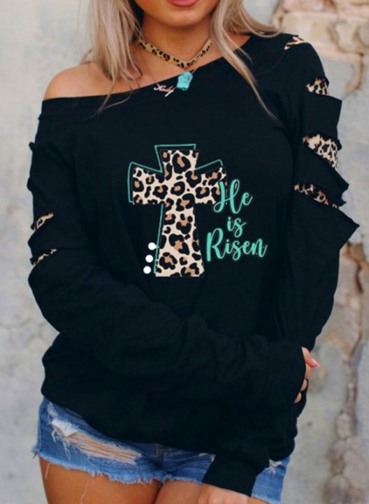 Women's T-shirts Leopard Letter Print Long Sleeve Cold Shoulder Cut-out Daily T-shirt