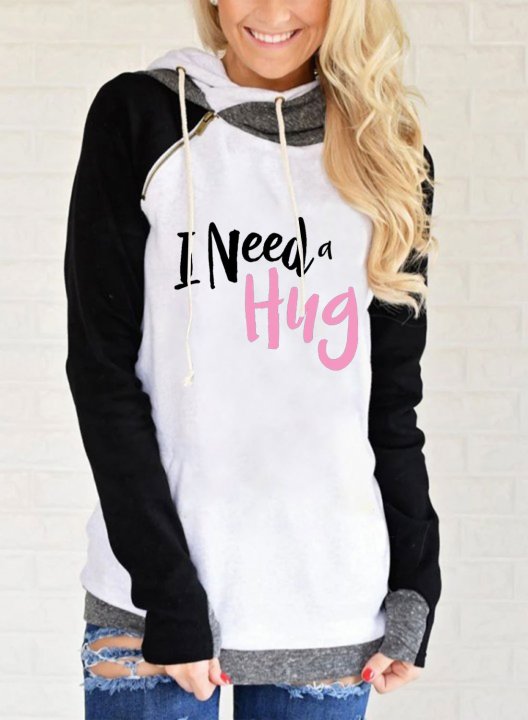 I Need A Hug Women's Hoodies Color Block Letter Print Long Sleeve Daily Zip Pocket Drawstring Hoodie