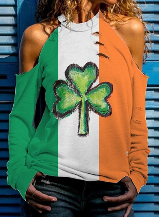 Women's St Patricks Sweatshirt Festival Color Block Cold Shoulder Long Sleeve Round Neck Casual Pullovers