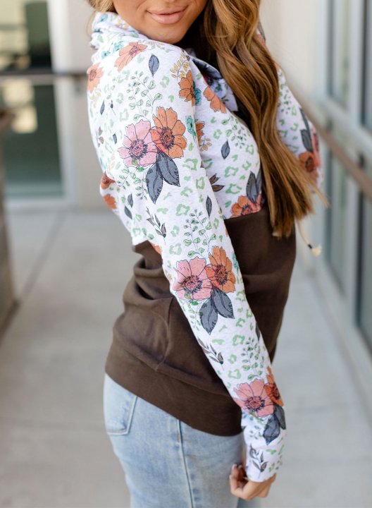 Color Block Long Sleeve High Neck Floral Sweatshirt