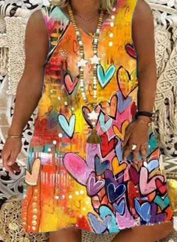 Women's Mini Dresses Fashion Color Block Heart-shaped Sleeveless V Neck Vintage Dress