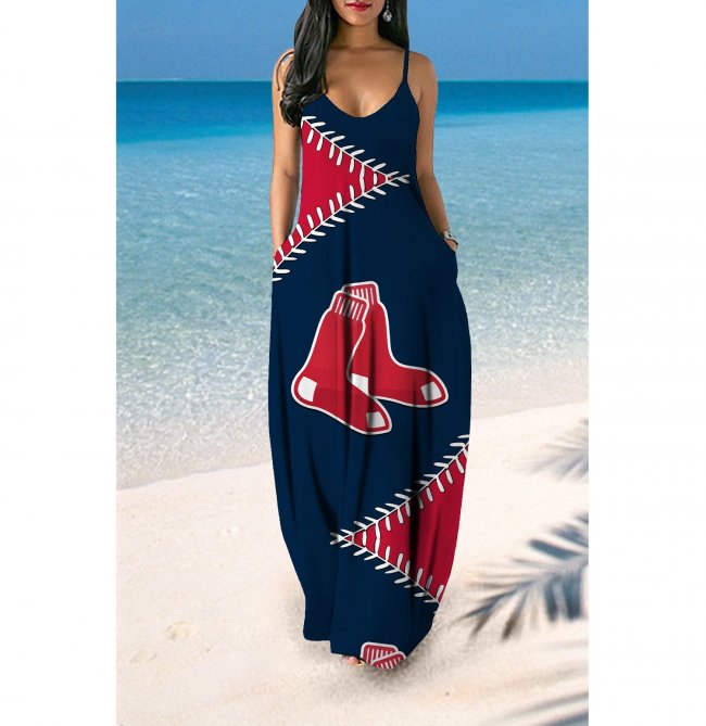 Small V-neck Boston Red Sox Team Print Sleeveless Sling Long Loose Dress