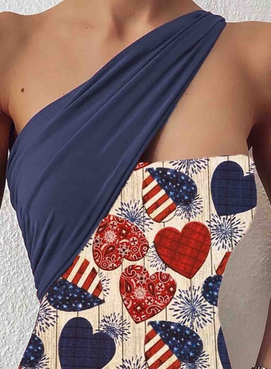 Women's One Piece Swimwear Color Block American Flag 4th Of July Heart-shaped Print One-shoulder One-Piece Swimsuit