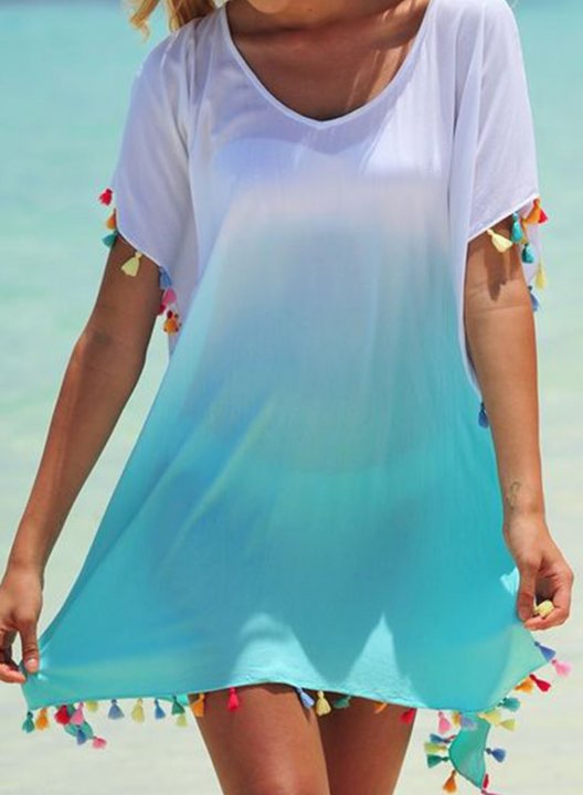 Women's Mini Dress Color Block Shift Fringe Short Sleeve V Neck Vacation Beach Mini Dress