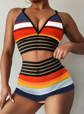 Women's Bikinis Color Block Striped Sleeveless Adjustable V Neck Padded Vacation Sexy Bikini