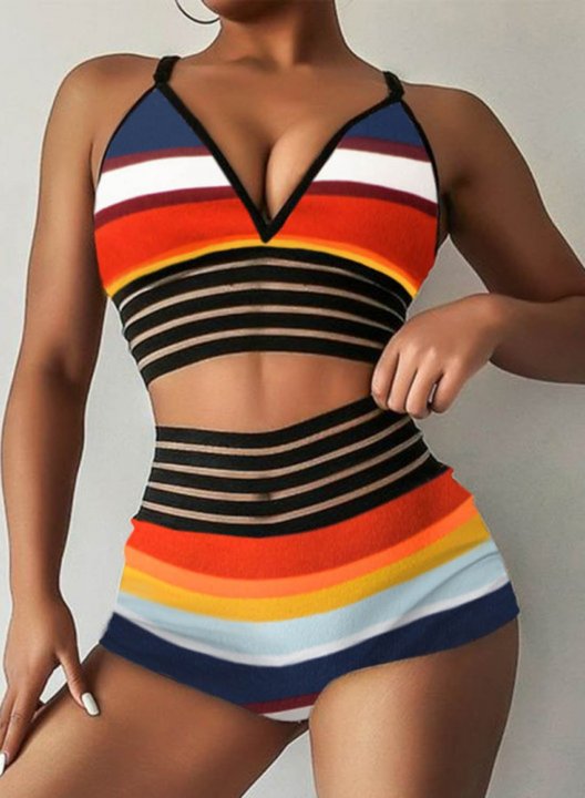 Women's Bikinis Color Block Striped Sleeveless Adjustable V Neck Padded Vacation Bikini