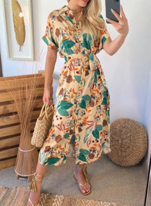 Women's Midi Dresses Color Block Tropical Button-up Knot Short Sleeve Turn Down Collar Split Dress