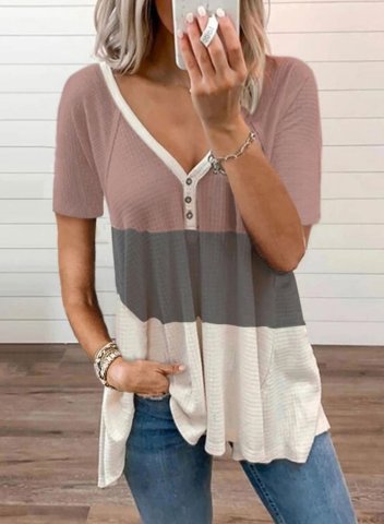 Women's Tunic Tops Color Block Button-up Short Sleeve V Neck Casual Daily Tunic Tops