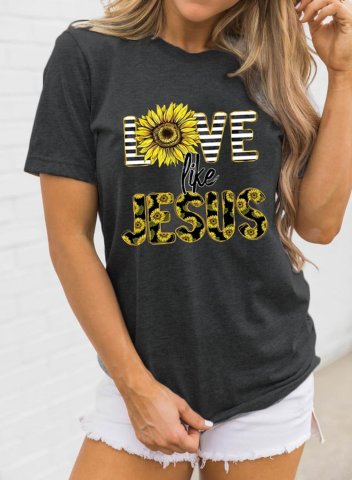 Women's T-shirts Sunflower Letter Print Short Sleeve Round Neck Daily T-shirt