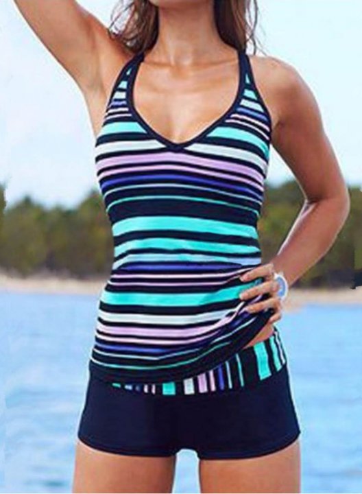 Women's Tankini Set Striped Padded V Neck High Waist Vacation Tankini Set