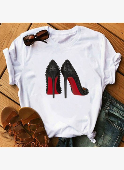 Women's Graphic T-shirts High Heels Print Short Sleeve Round Neck T-shirt