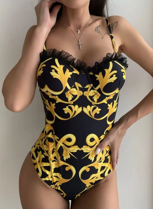 Women's One Piece Swimwear Tribal Ruffle Mesh One-Piece Swimsuit