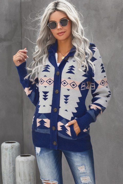 Women's Cardigans Retro Jacquard Pattern Buttoned Front Hooded Cardigan