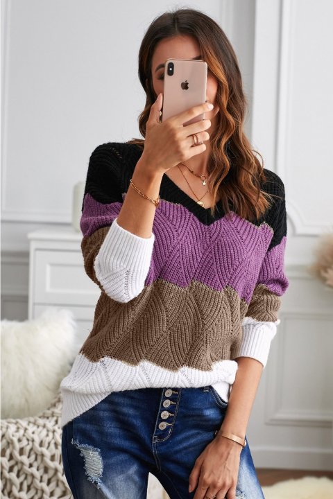 Women's Sweaters V Neck Colorblock Textured Knit Sweaters