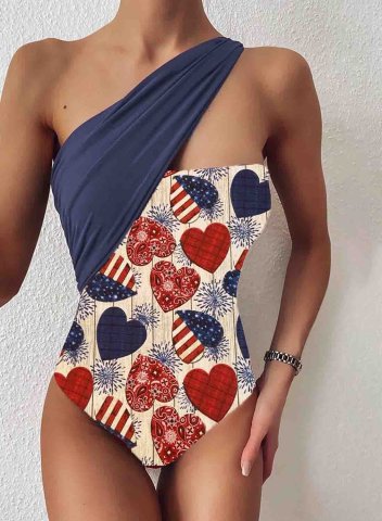 Women's One Piece Swimwear Color Block American Flag 4th Of July Heart-shaped Print One-shoulder One-Piece Swimsuit