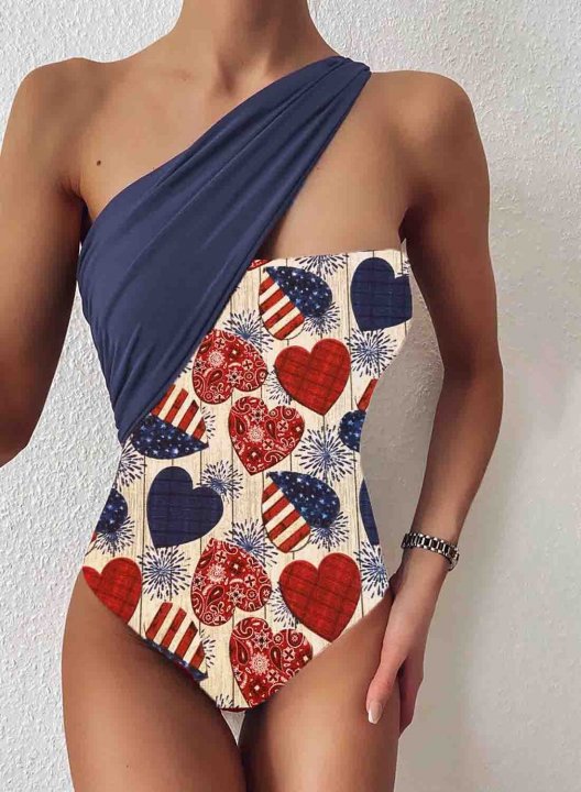 Women's One Piece Swimwear Color Block American Flag 4th Of July Heart-shaped Print One-shoulder One-Piece Swimsuit