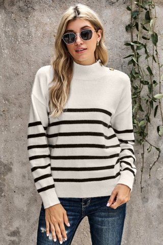 Women's Sweaters Striped Turtleneck Sweaters with Buttons