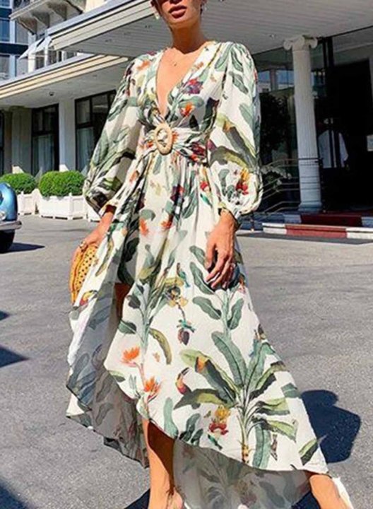 Women's Dress Floral Multicolor Fit & Flare Long Sleeve V Neck Boho Daily Date Midi Dress