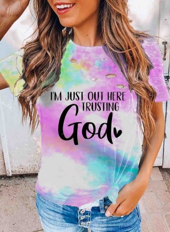 Women's T-shirts Letter Print Tiedye Short Sleeve Round Neck Cut-out Daily T-shirt