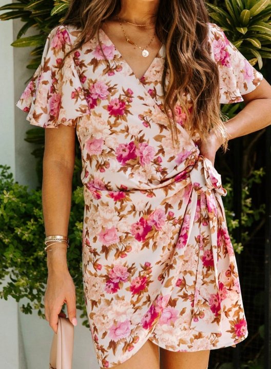 Women's Dress Floral Bodycon V Neck Short Sleeve Summer Date Wrap Mini Dress