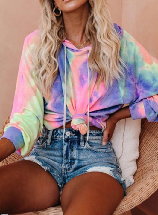 Women's Hooded Sweatshirts Multicolor Tie Dye Long Sleeve Hooded Sporty Drawstring Hoodie