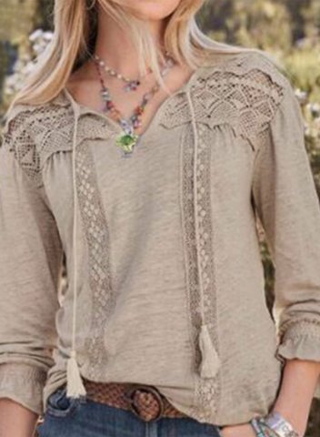 Women's Shirts Knot Lace Solid Long Sleeve V Neck Daily Casual Shirt