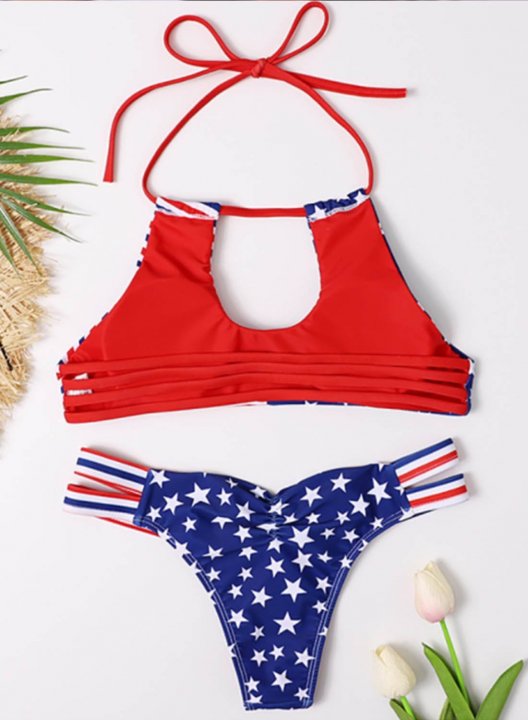 Women's Bikinis Color Block Flag Sleeveless Adjustable Wire-free Halter Padded Vacation Bikini