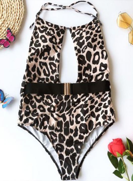 Women's One-Piece Swimsuits One-Piece Bathing Suits Leopard Round Neck One-Piece Swimsuit