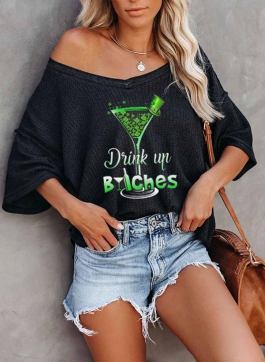 Women's Funny St Patrick's Day T-shirts Drink up Bitches Print Short Sleeve V Neck Daily T-shirt