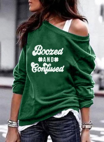 Women's St Patrick's Day Sweatshirts Boozed & Confused Print Long Sleeve Off Shoulder Casual Sweatshirt
