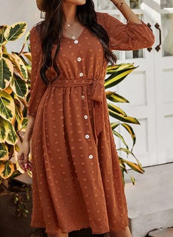 Women's Midi Dresses Belted Flare 3/4 Sleeve V Neck Dress