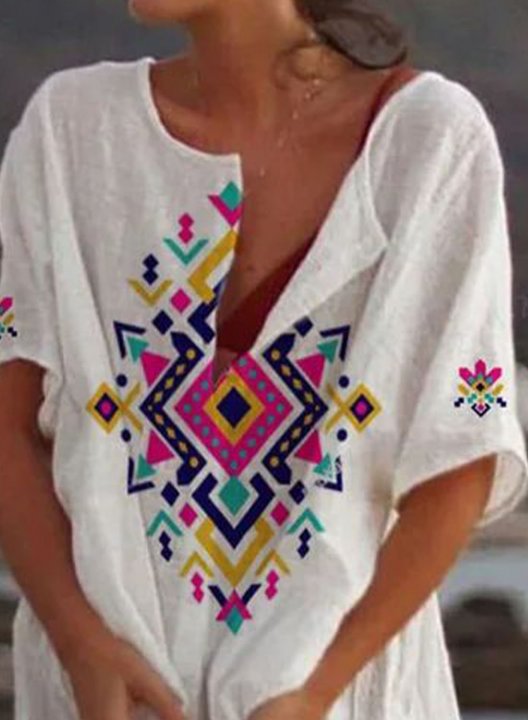 Women's Mini Dress Tribal Color Block Shift Short Sleeve V Neck Vintage Vacation Beach Mini Dress