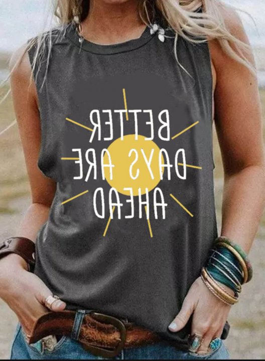 Women's Tank Tops Solid Letter Sleeveless Round Neck Casual Tank Top