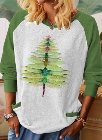 Women's Sweatshirts Color-block Dragonfly Christmas Tree Print Long Sleeve Round Neck Sweatshirt