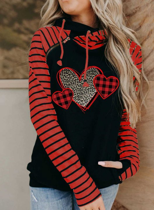 Women's Heart Print Hoodies Drawstring Turtleneck Long Sleeve Leopard Striped Plaid Casual Hoodies With Pockets