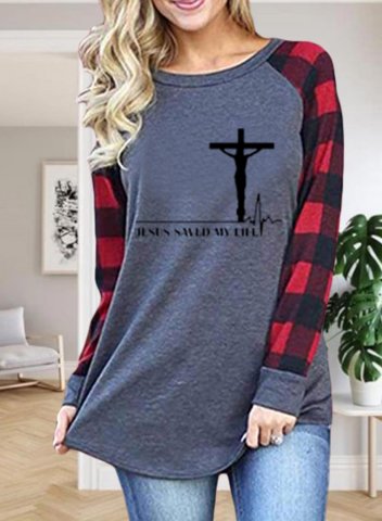 Women's Jesus Saved My Life T-shirts Plaid Letter Long Sleeve Round Neck Daily T-shirt