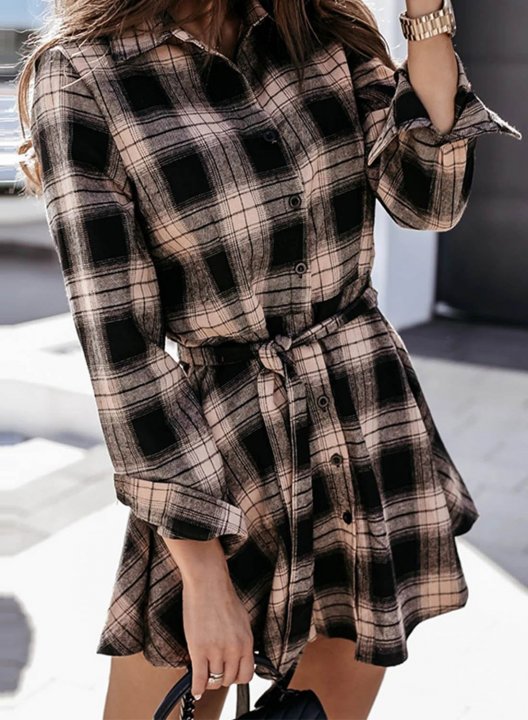 Women's Plaid Shirt Dress Color Block Long Sleeve Turn Down Collar Casual Summer Tunic Dress